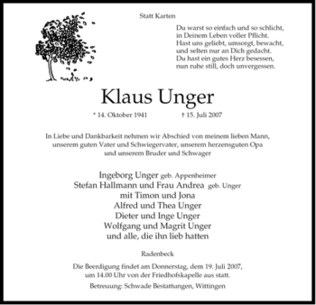 Traueranzeige von Klaus Unger von ALLGEMEINE ZEITUNG UELZEN