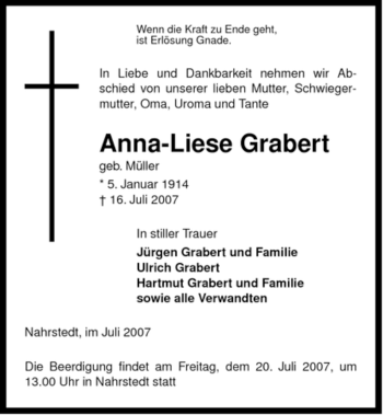 Traueranzeige von Anna-Liese Grabert von ALLGEMEINE ZEITUNG UELZEN