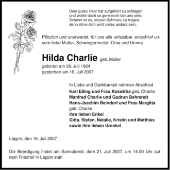 Traueranzeige von Hilda Charlie von ALLGEMEINE ZEITUNG UELZEN