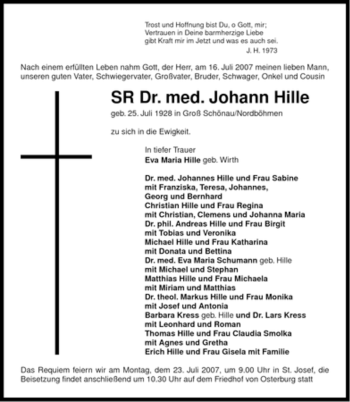 Traueranzeige von Johann Hille von ALLGEMEINE ZEITUNG UELZEN