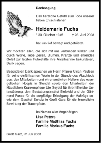 Traueranzeige von Heidemarie Fuchs von ALLGEMEINE ZEITUNG UELZEN