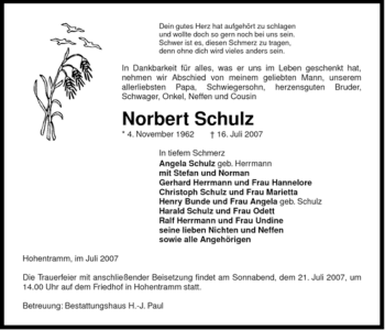 Traueranzeige von Norbert Schulz von ALLGEMEINE ZEITUNG UELZEN