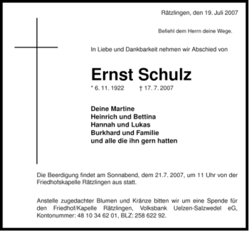 Traueranzeige von Ernst Schulz von ALLGEMEINE ZEITUNG UELZEN