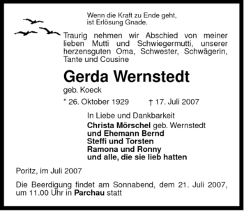 Traueranzeige von Gerda Wernstedt von ALLGEMEINE ZEITUNG UELZEN