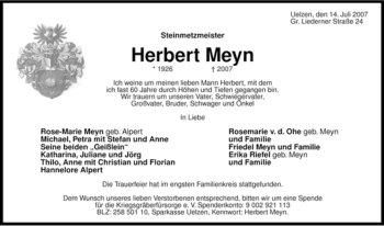 Traueranzeige von Herbert Meyn von ALLGEMEINE ZEITUNG UELZEN