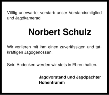 Traueranzeige von Norbert Schulz von ALLGEMEINE ZEITUNG UELZEN