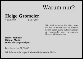 Traueranzeige von Helge Gromeier von ALLGEMEINE ZEITUNG UELZEN