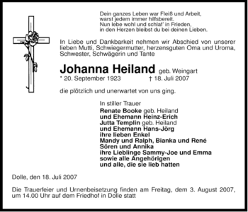 Traueranzeige von Johanna Heiland von ALLGEMEINE ZEITUNG UELZEN