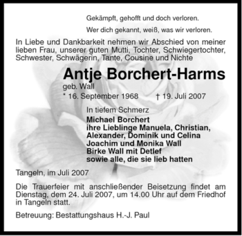 Traueranzeige von Antje Borchert-Harms von ALLGEMEINE ZEITUNG UELZEN