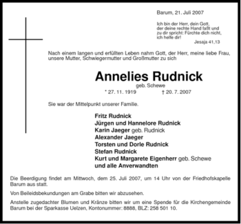Traueranzeige von Annelies Rudnick von ALLGEMEINE ZEITUNG UELZEN