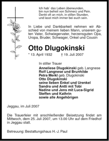 Traueranzeige von Otto Dlugokinski von ALLGEMEINE ZEITUNG UELZEN