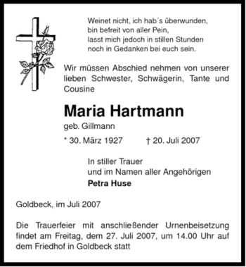 Traueranzeige von Maria Hartmann von ALLGEMEINE ZEITUNG UELZEN