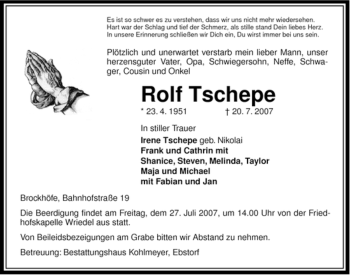 Traueranzeige von Rolf Tschepe von ALLGEMEINE ZEITUNG UELZEN