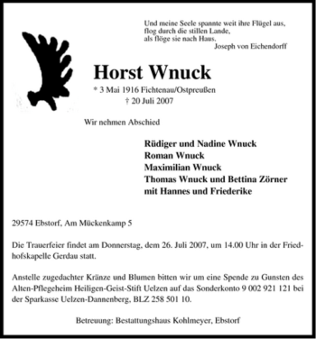 Traueranzeige von Host Wnuck von ALLGEMEINE ZEITUNG UELZEN