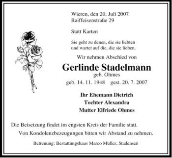 Traueranzeige von Gerlinde Stadelmann von ALLGEMEINE ZEITUNG UELZEN