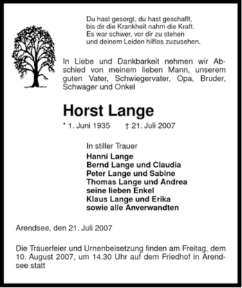 Traueranzeige von Horst Lange von ALLGEMEINE ZEITUNG UELZEN