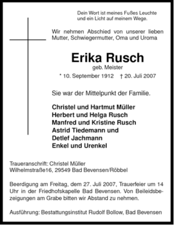 Traueranzeige von Erika Rusch von ALLGEMEINE ZEITUNG UELZEN