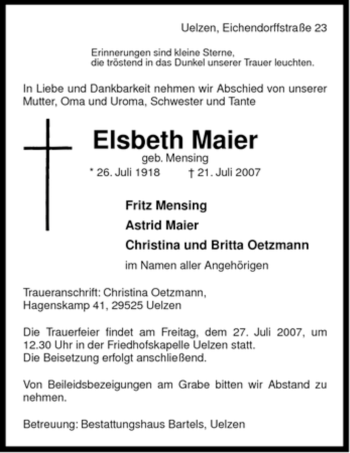 Traueranzeige von Elsbeth Maier von ALLGEMEINE ZEITUNG UELZEN