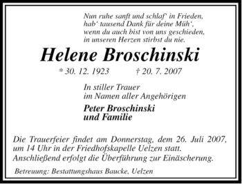 Traueranzeige von Helene Broschinski von ALLGEMEINE ZEITUNG UELZEN