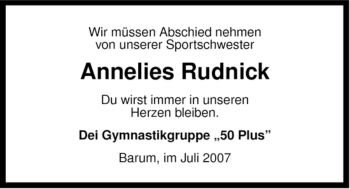 Traueranzeige von Annelies Rudnick von ALLGEMEINE ZEITUNG UELZEN