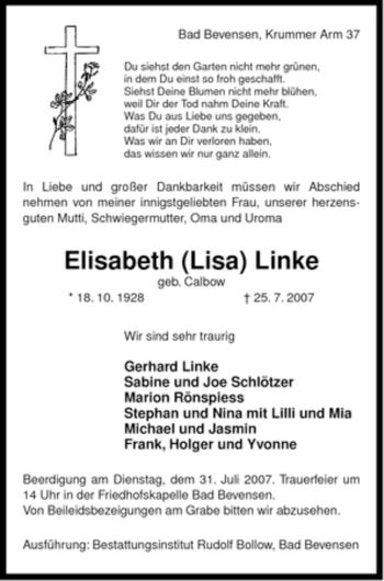 Traueranzeige von Elisabeth (Lisa) Lisa von ALLGEMEINE ZEITUNG UELZEN