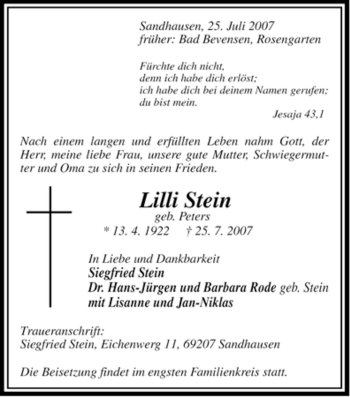 Traueranzeige von Lilli Stein von ALLGEMEINE ZEITUNG UELZEN