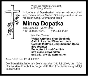 Traueranzeige von Minna Dopatka von ALLGEMEINE ZEITUNG UELZEN