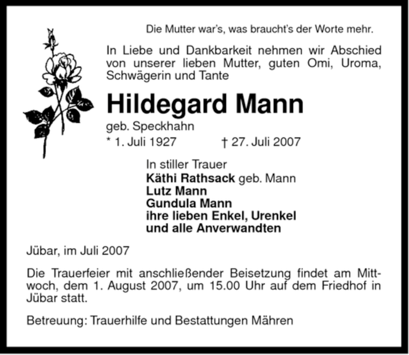  Traueranzeige für Hildegard Mann vom 30.07.2007 aus ALLGEMEINE ZEITUNG UELZEN