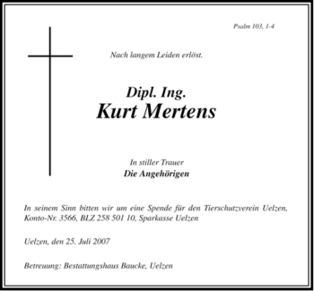 Traueranzeige von Kurt Mertens von ALLGEMEINE ZEITUNG UELZEN