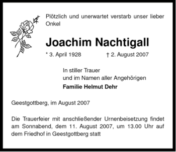 Traueranzeige von Joachim Nachtigall von ALLGEMEINE ZEITUNG UELZEN