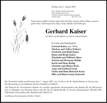 Traueranzeige von Gerhard Kaiser von ALLGEMEINE ZEITUNG UELZEN