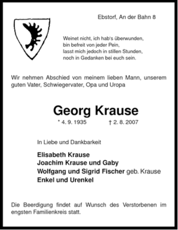 Traueranzeige von Georg Krause von ALLGEMEINE ZEITUNG UELZEN