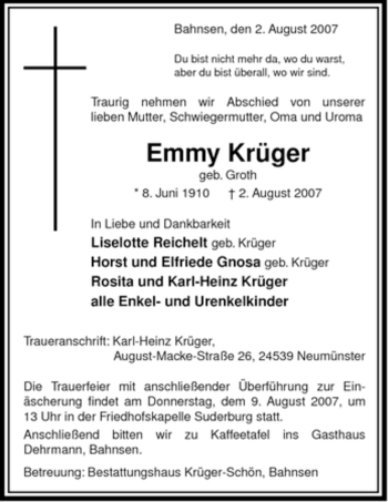 Traueranzeige von Emmy Krüger von ALLGEMEINE ZEITUNG UELZEN