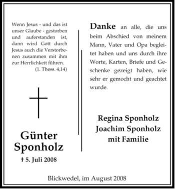 Traueranzeige von Günter Sponholz von ALLGEMEINE ZEITUNG UELZEN