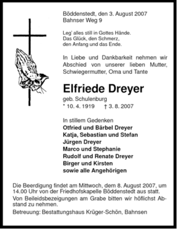 Traueranzeige von Elfriede Dreyer von ALLGEMEINE ZEITUNG UELZEN