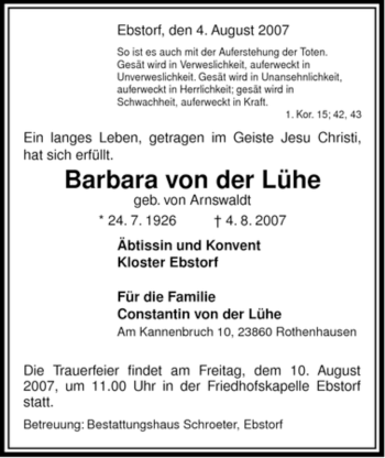 Traueranzeige von Barbara von von ALLGEMEINE ZEITUNG UELZEN