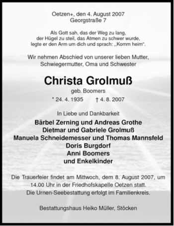 Traueranzeige von Christa Grolmuß von ALLGEMEINE ZEITUNG UELZEN