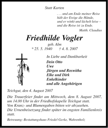 Traueranzeige von Friedhilde Vogler von ALLGEMEINE ZEITUNG UELZEN