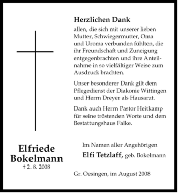 Traueranzeige von Elfriede Bokelmann von ALLGEMEINE ZEITUNG UELZEN