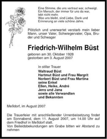 Traueranzeige von Friedrich-Wilhelm Büst von ALLGEMEINE ZEITUNG UELZEN