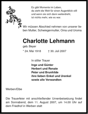 Traueranzeige von Charlotte Lehmann von ALLGEMEINE ZEITUNG UELZEN