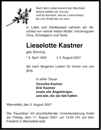 Traueranzeige von Lieselotte Kastner von ALLGEMEINE ZEITUNG UELZEN