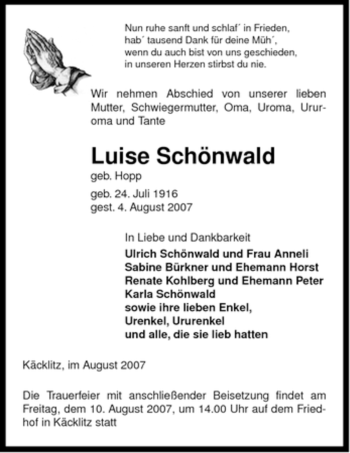 Traueranzeige von Luise Schönwald von ALLGEMEINE ZEITUNG UELZEN