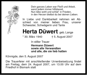 Traueranzeige von Herta Düwert von ALLGEMEINE ZEITUNG UELZEN