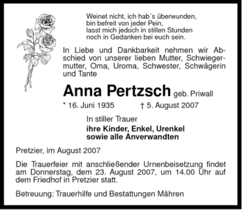 Traueranzeige von Anna Pertzsch von ALLGEMEINE ZEITUNG UELZEN