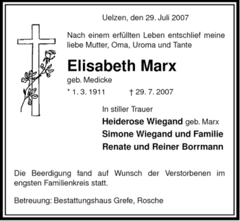 Traueranzeige von Elisabeth Marx von ALLGEMEINE ZEITUNG UELZEN