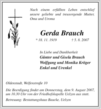 Traueranzeige von Gerda Brauch von ALLGEMEINE ZEITUNG UELZEN