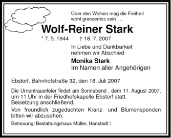 Traueranzeige von Wolf-Reiner Stark von ALLGEMEINE ZEITUNG UELZEN