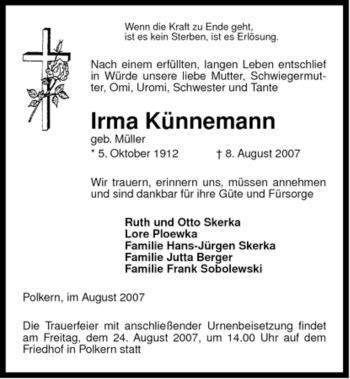 Traueranzeige von Irma Künnemann von ALLGEMEINE ZEITUNG UELZEN