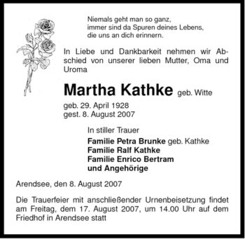 Traueranzeige von Martha Kathke von ALLGEMEINE ZEITUNG UELZEN